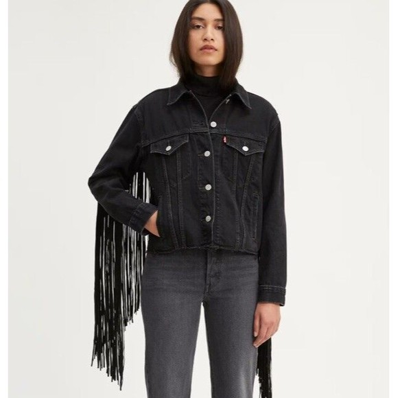 Levi's Jackets & Blazers - NWOT LEVI'S Ex Boyfriend Black DENIM TRUCKER JACKET With Fringe Sz S